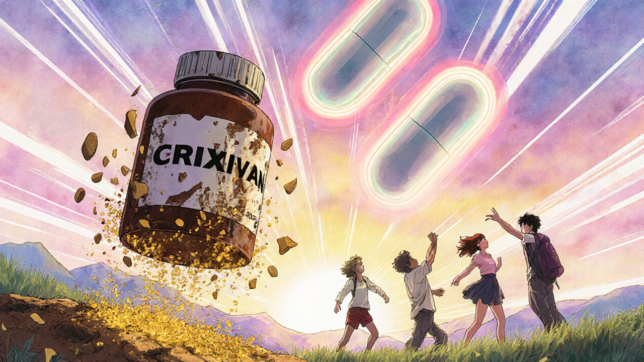 An old Indinavir bottle breaks apart as glowing modern HIV pills rise like symbols of hope over joyful people.