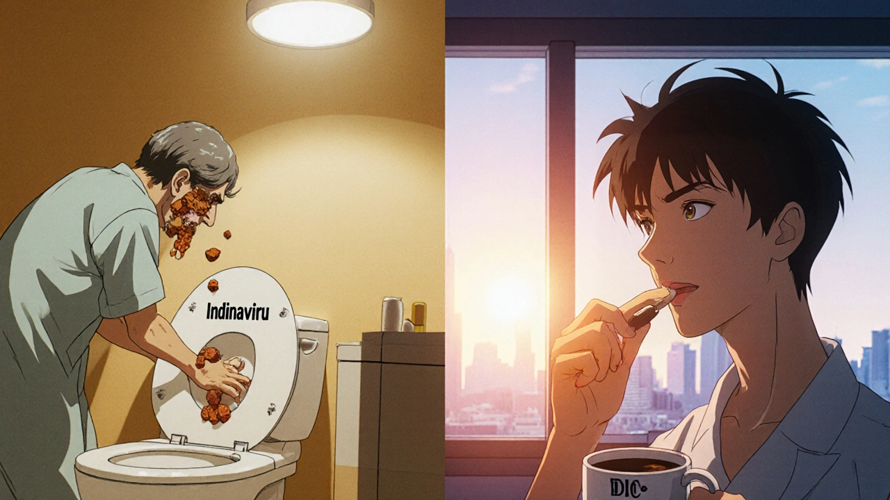 Split scene: one person suffers from kidney stones due to Indinavir, another thrives with modern HIV pills at sunrise.