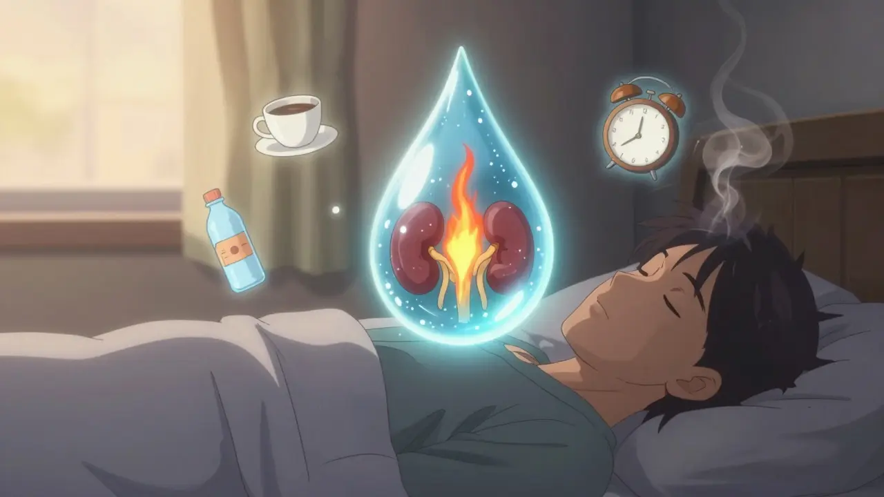 A glowing water droplet above a sleeper at dawn, showing fat cells breaking down and metabolism activating in anime style.