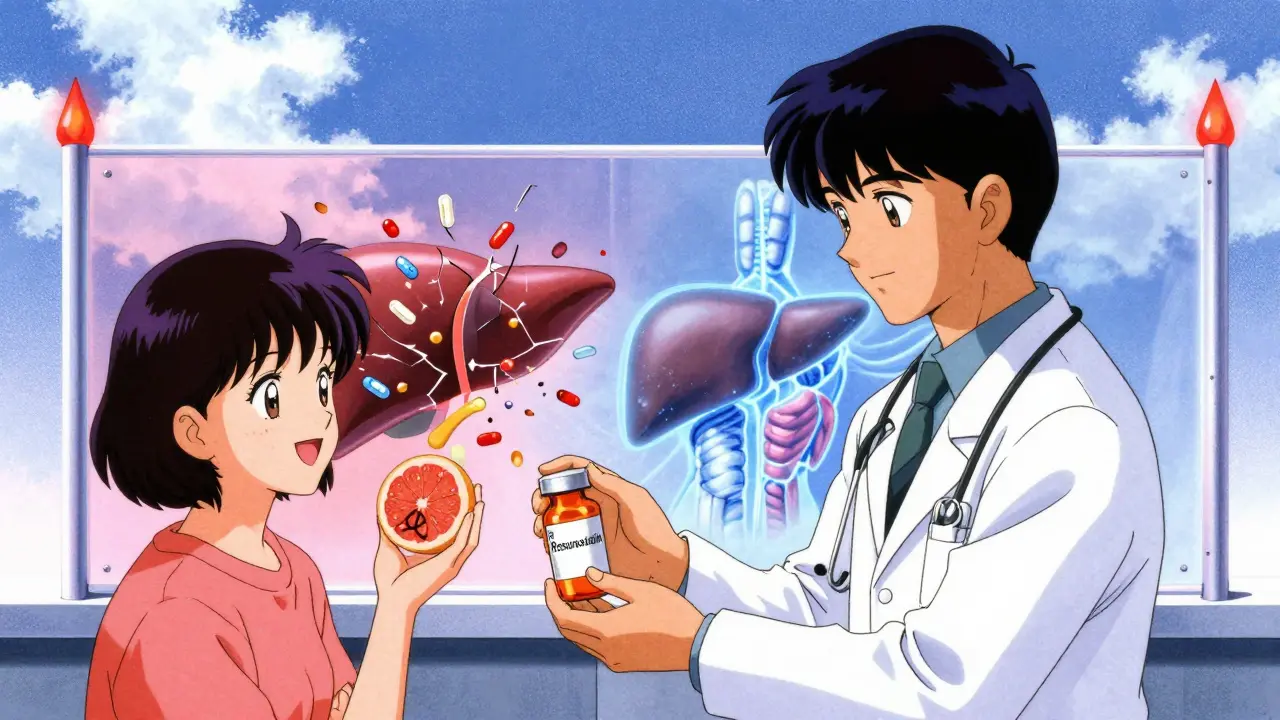 Doctor gives safe statin prescription as patient holds grapefruit with peace sign, calm energy surrounds them.