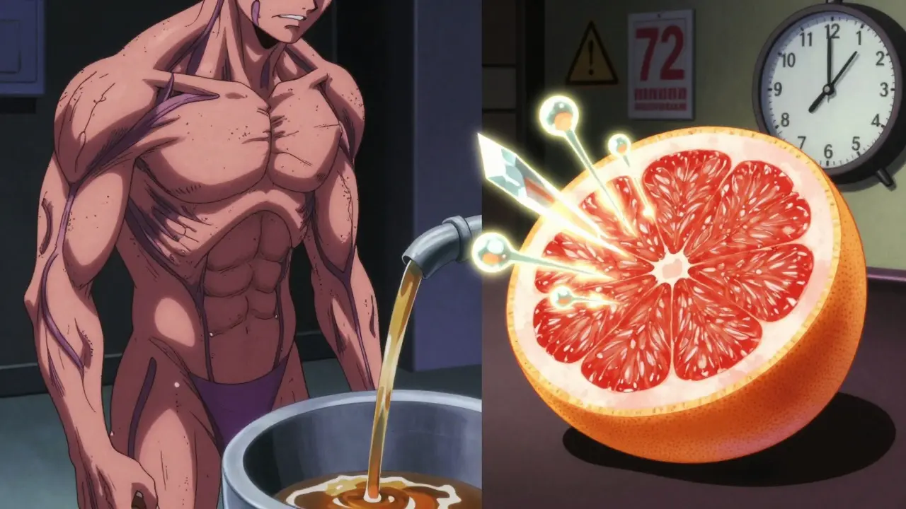 Muscle strain and dark urine with grapefruit releasing dangerous molecules, clock showing 72 hours.
