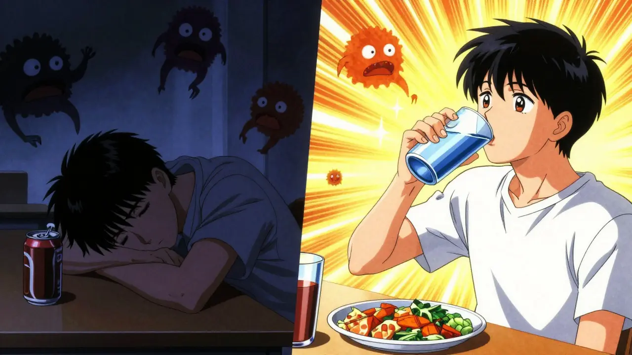 Split scene: person with diet soda surrounded by hunger monsters vs. same person drinking water with light dispelling them.