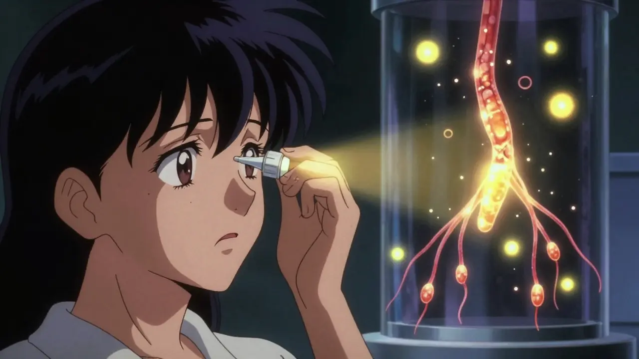 A patient using eye drops beside a glowing lab experiment showing nerve regeneration.