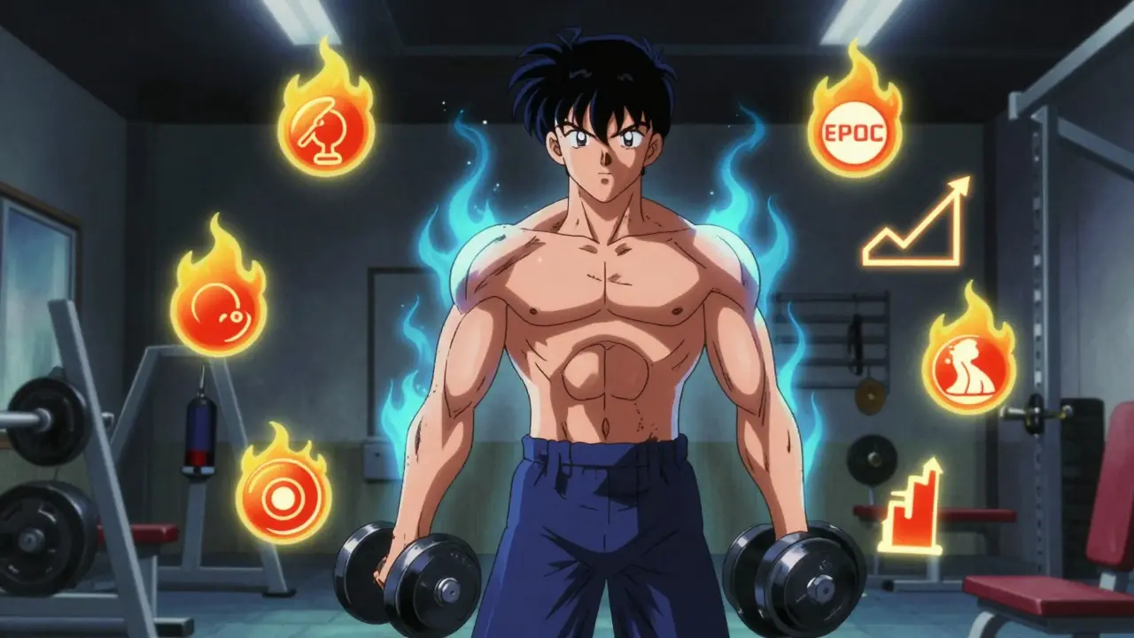 A person lifting weights with glowing EPOC energy radiating from muscles.