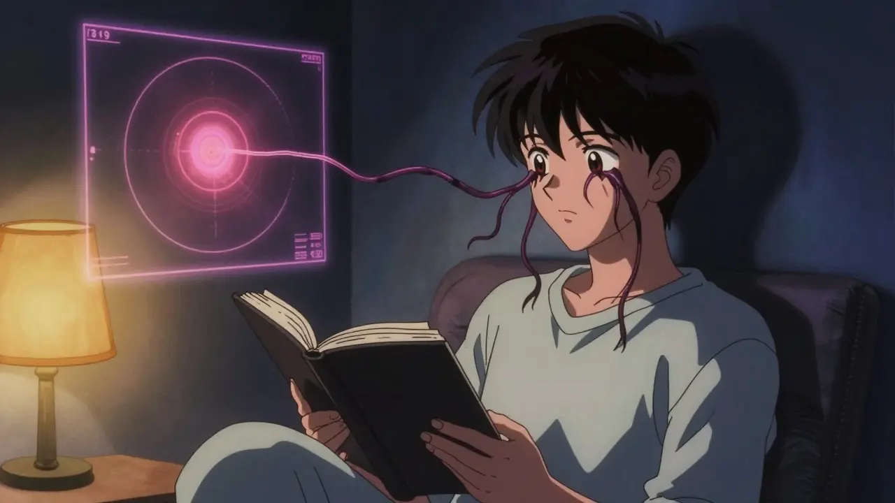 A person reading at night as shadowy tendrils creep from their eyes, representing silent vision loss.