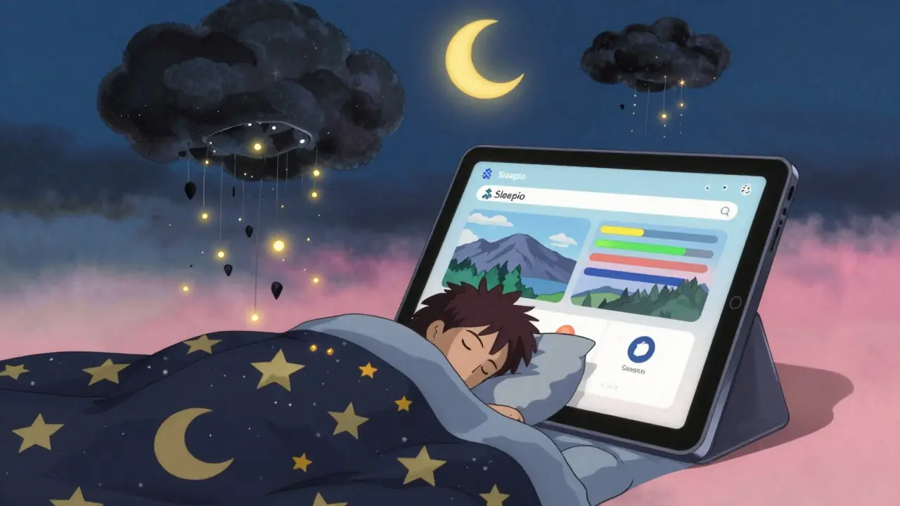A person sleeping peacefully as a digital app projects calming light over them, storms dissolving above.