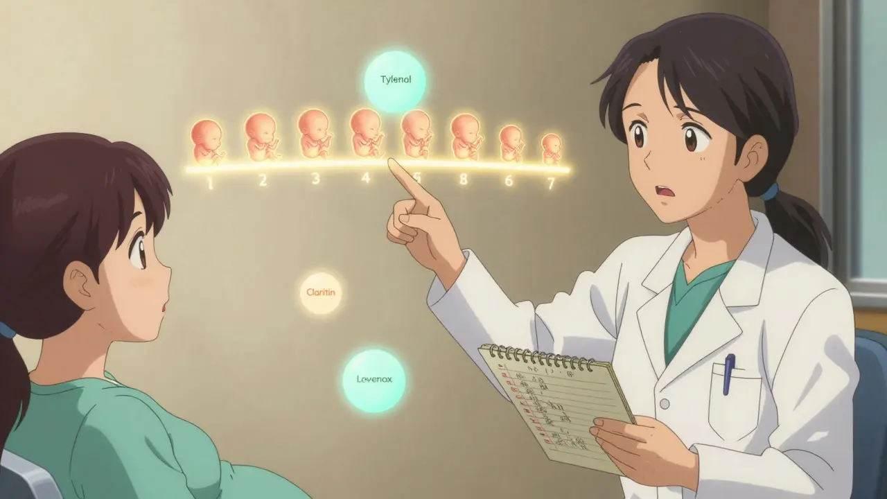 Doctor and patient reviewing fetal development timeline with safe medication icons.