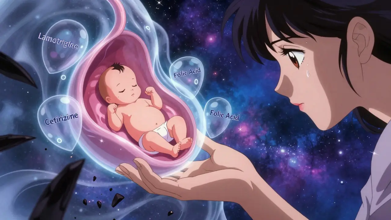 Mother's hand reaching into a glowing womb protected by safe medications, dark risks crumbling below.