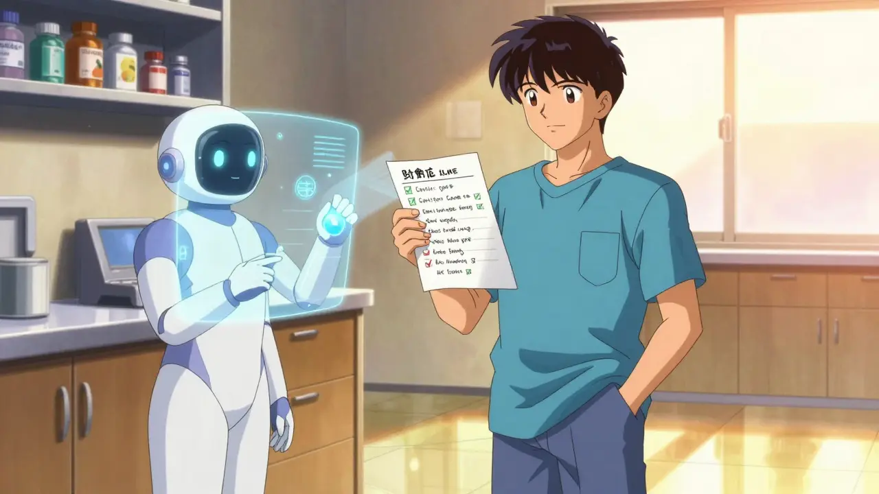Patient reviewing medication list with AI hologram analyzing pills in bright kitchen.