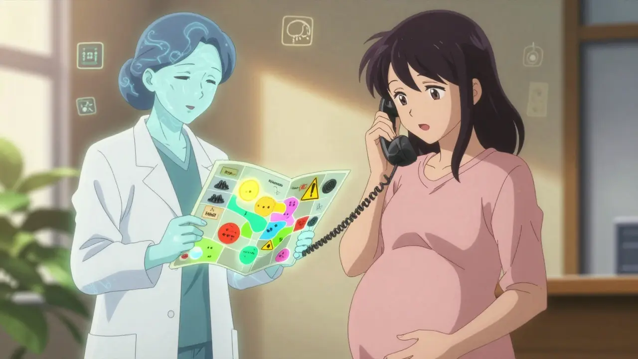 Pregnant woman speaking to a glowing teratologist figure holding a safety map.