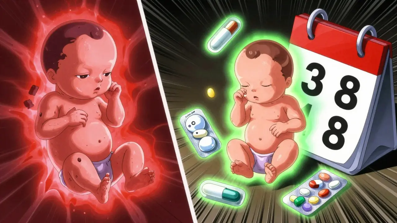 Split scene: malformed fetus vs. healthy fetus with safe medications glowing in green light.