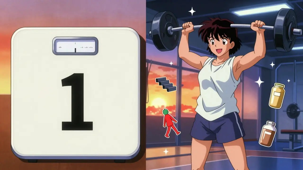 Split scene showing scale stagnation vs. body transformation with fitness icons.