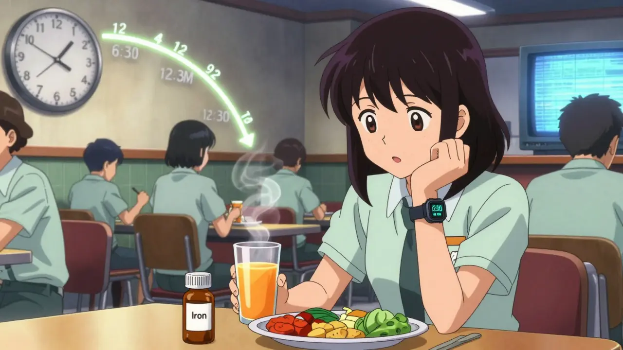 Woman takes iron supplement at lunch with orange juice, digital watch reads 12:30 PM.