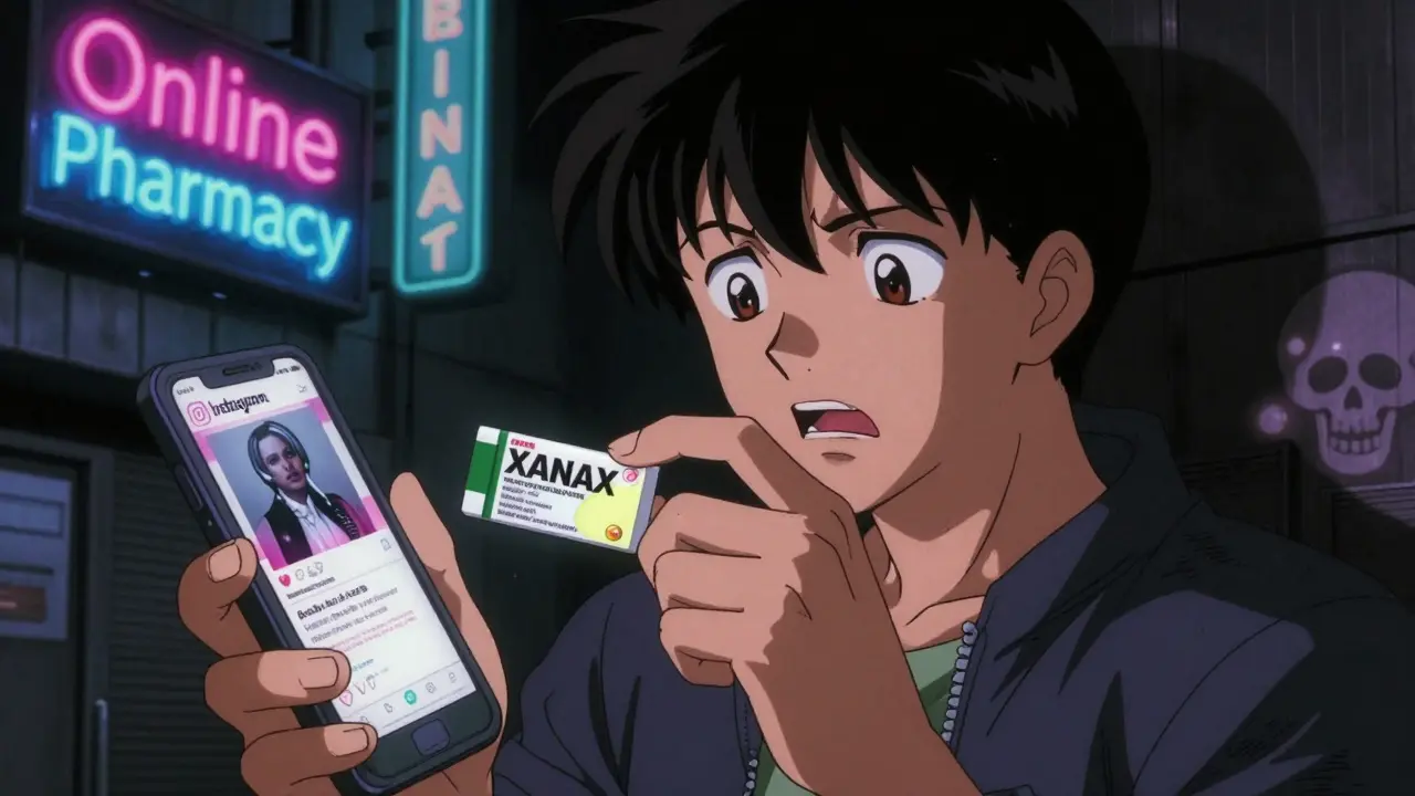 Young adult holding counterfeit pill under glowing phone ad in dark alley, fentanyl symbol in shadow.