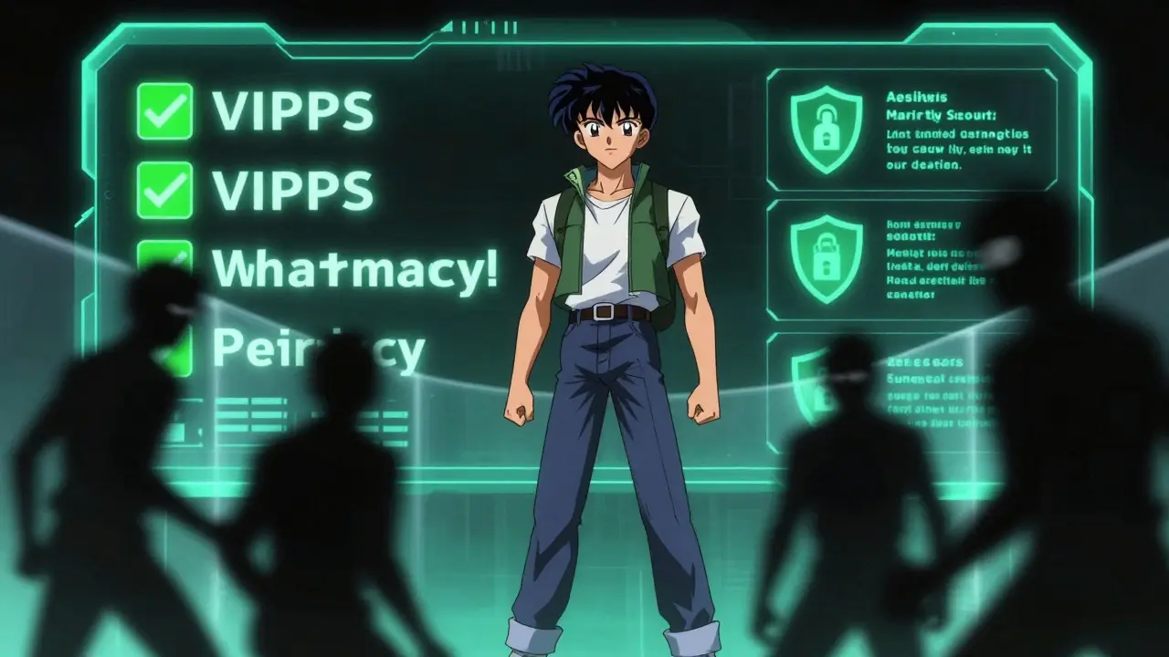 Anime figure blocking scam shadows with a glowing security shield icon.