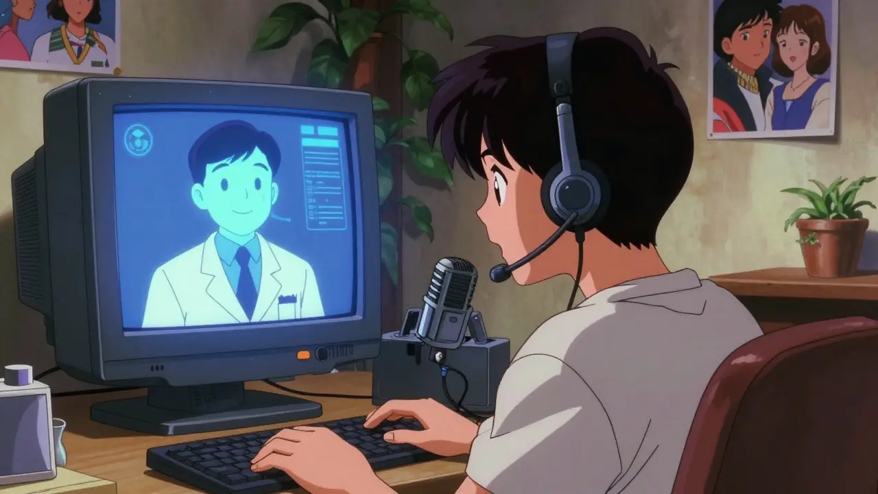 Character using a headset for a telehealth doctor visit in a cozy 90s-style room.