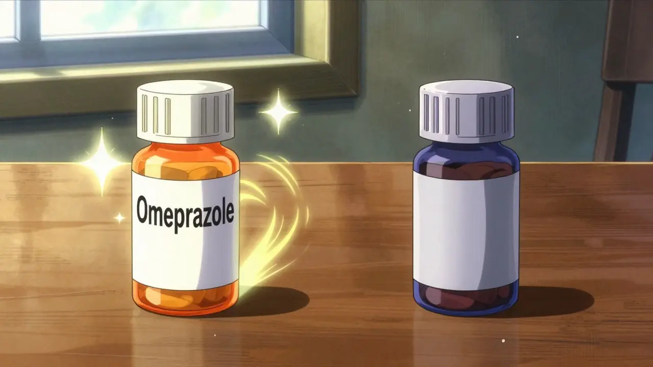 Glowing generic pill bottle compared to dark brand bottle