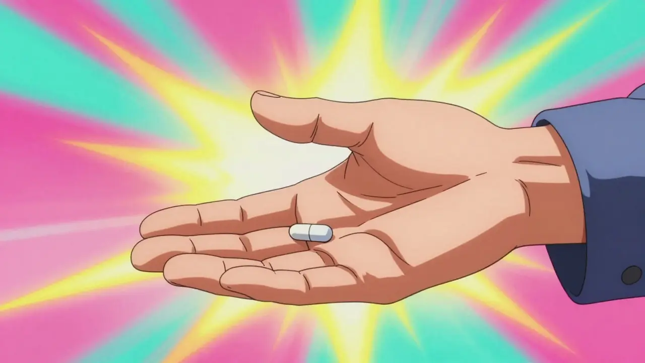 Hand holding medicine capsule against colorful abstract background