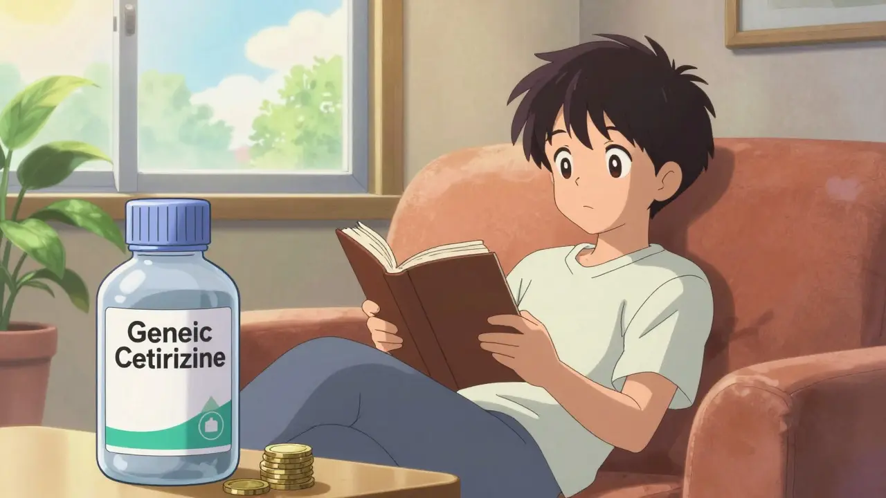 Relaxed anime character enjoying affordable generic allergy relief