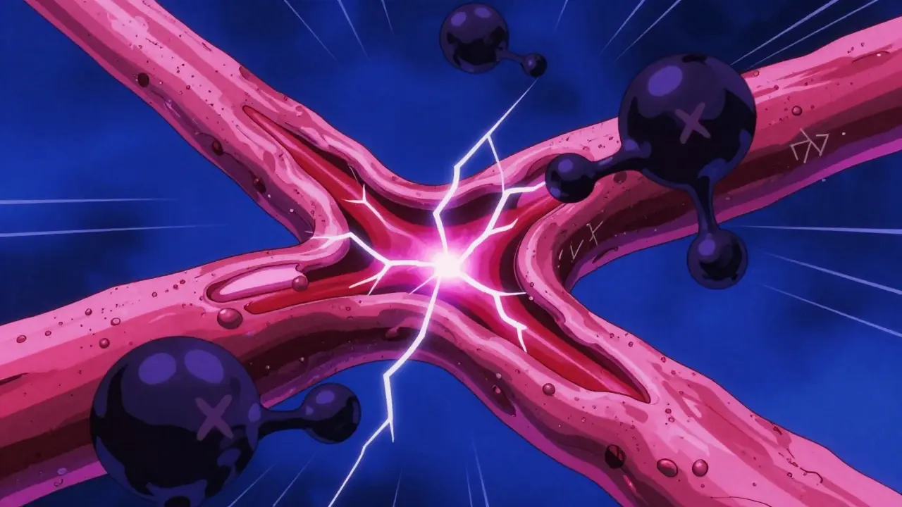 Stylized anime depiction of nerve signals blocked by drug molecules